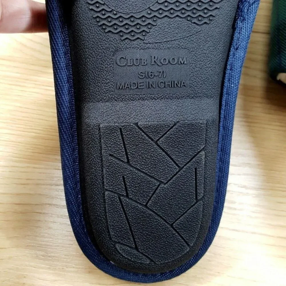 CLUB ROOM Mens Slippers Size 6 - 7 Blue Green Tartan Plaid Plush Lined Comfort